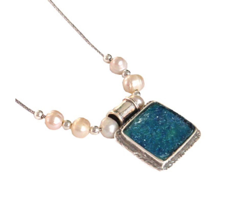 Michal Kirat Freshwater Pearls Silver Necklace with Square Roman Glass Pendant