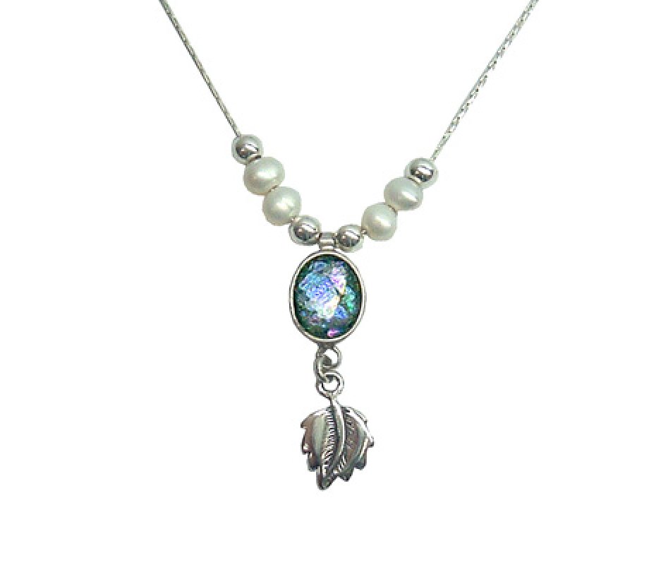 Michal Kirat Freshwater Pearls on Silver Chain with Roman Glass Pendant and Decorative Leaf