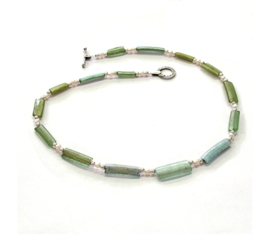 Michal Kirat Necklace Fifteen Ancient Roman Glass Beads with Freshwater Pearls