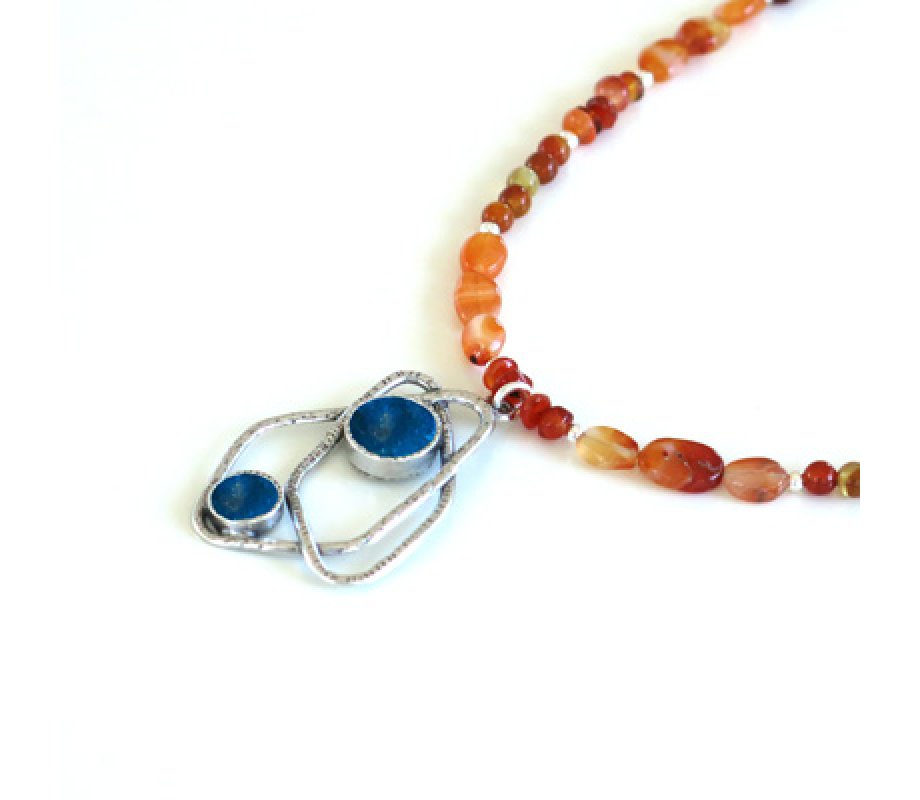 Michal Kirat Orange Carnelian Necklace with Roman Glass in Silver Fish Pendant