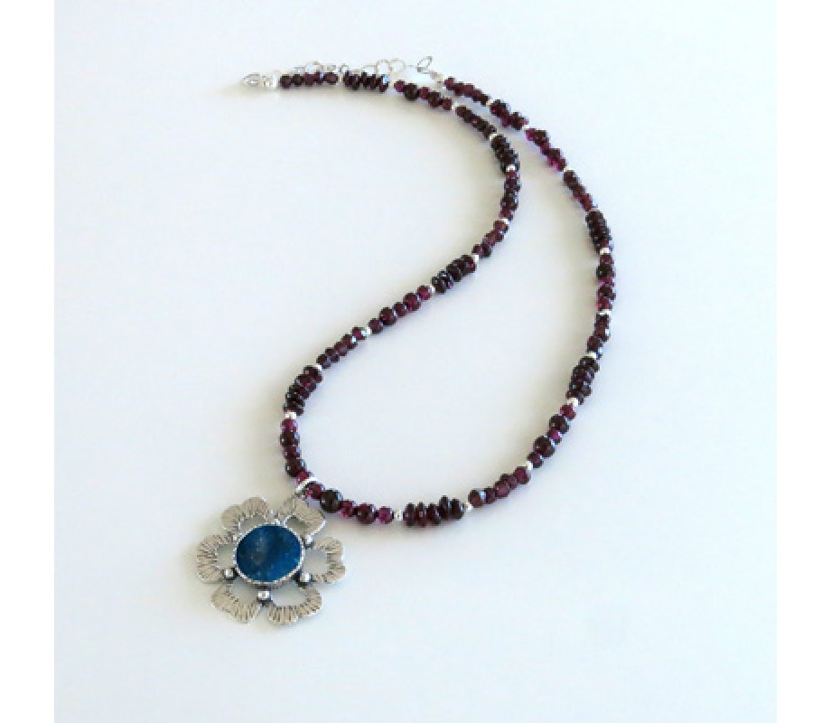 Michal Kirat Red Garnet Necklace with Pendant of Roman Glass in Silver Flower