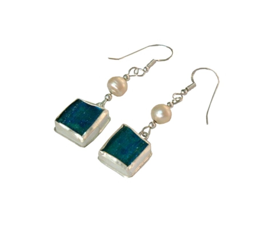 Michal Kirat Roman Glass Dangle Earrings, Sterling Silver and Freshwater Pearls