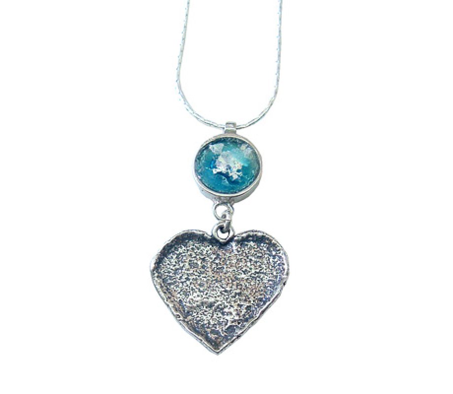 Michal Kirat Roman Glass Silver Necklace with Hammered Heart Pendant