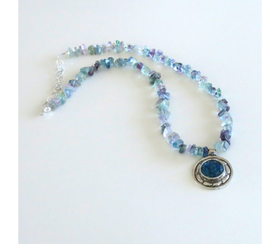 Michal Kirat Shimmering Fluorite Beads Silver Necklace with Roman Glass Pendant