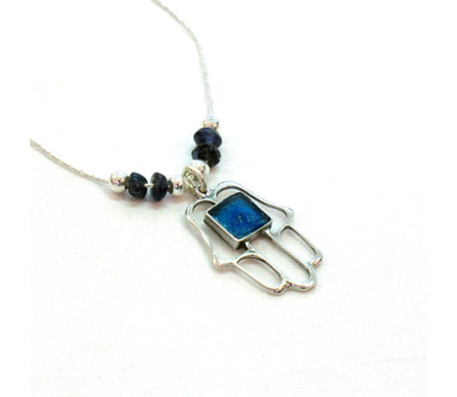 Michal Kirat Silver Hamsa with Roman Glass Decoration and Ayolite Beads