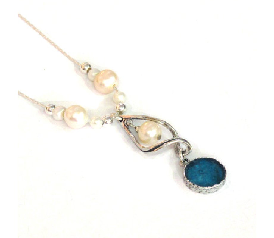 Michal Kirat Silver Necklace with Freshwater Pearls and Roman Glass Pendant