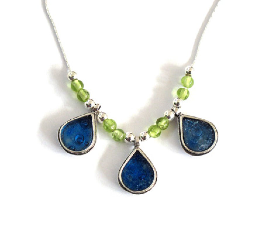 Michal Kirat Silver Peridot Beads Necklace - Roman Glass Raindrop Pendants