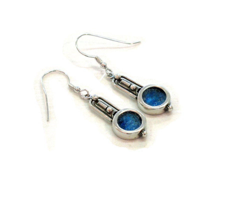 Michal Kirat Silver Sterling Dangle Earrings with Roman Glass – Antique Style