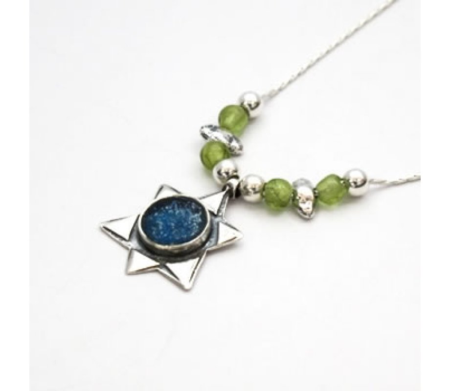 Michal Kirat Star of David Roman Glass Silver Necklace - Peridot Beads