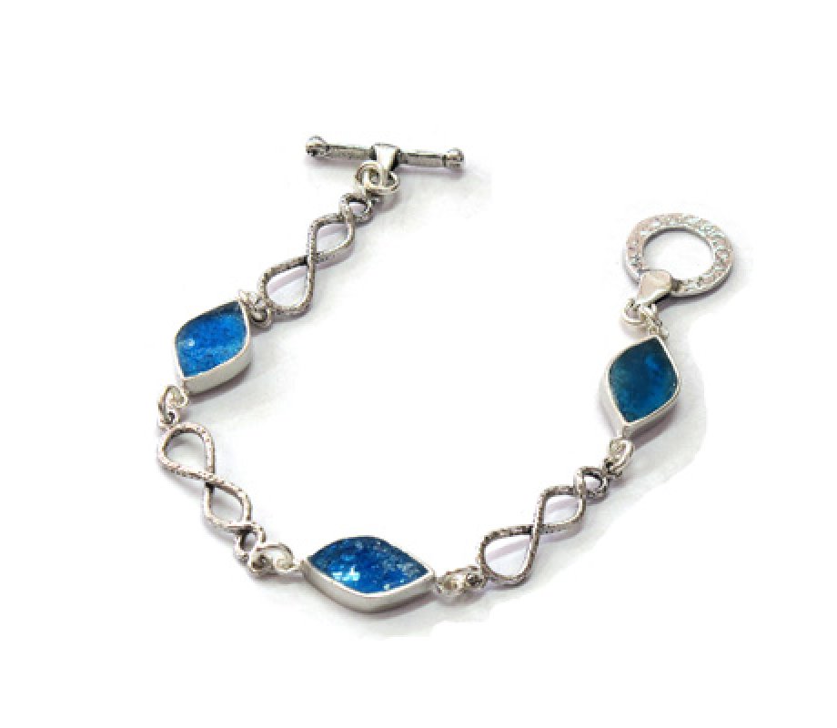 Michal Kirat Sterling Silver Bracelet with Diamond Roman Glass and Infinity Links