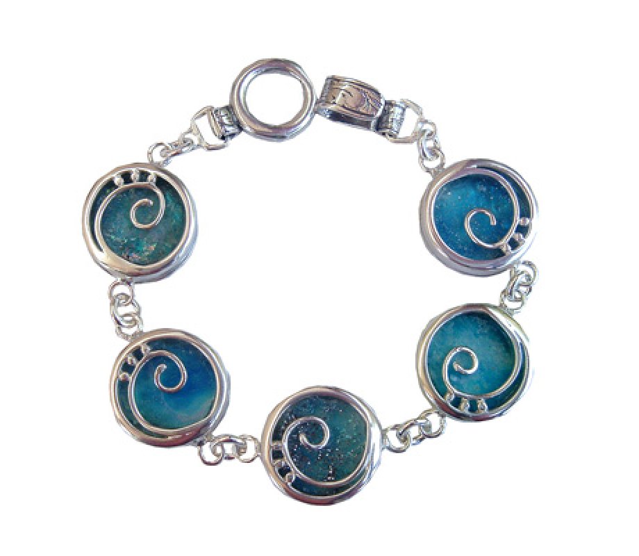 Michal Kirat Sterling Silver Bracelet with Roman Glass Discs in a Swirl Setting