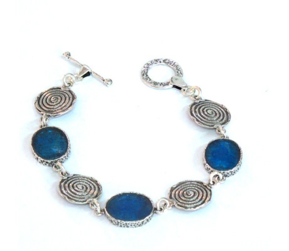 Michal Kirat, Sterling Silver Bracelet with Swirling Waves Discs and Roman Glass