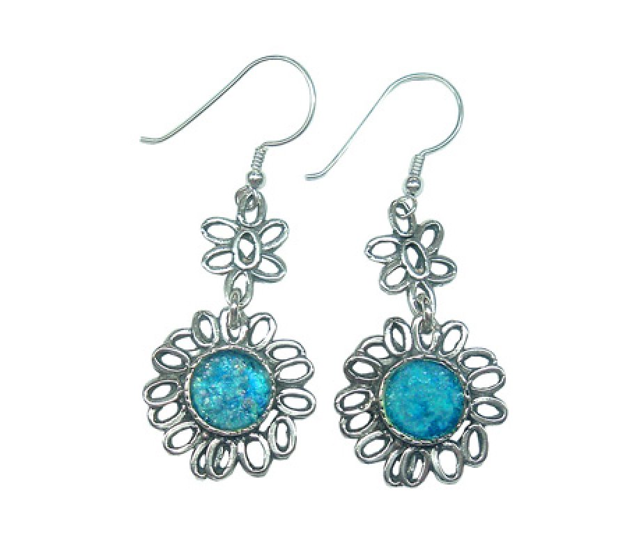 Michal Kirat Sterling Silver Dangle Earrings, Roman Glass Set in Flower Frame