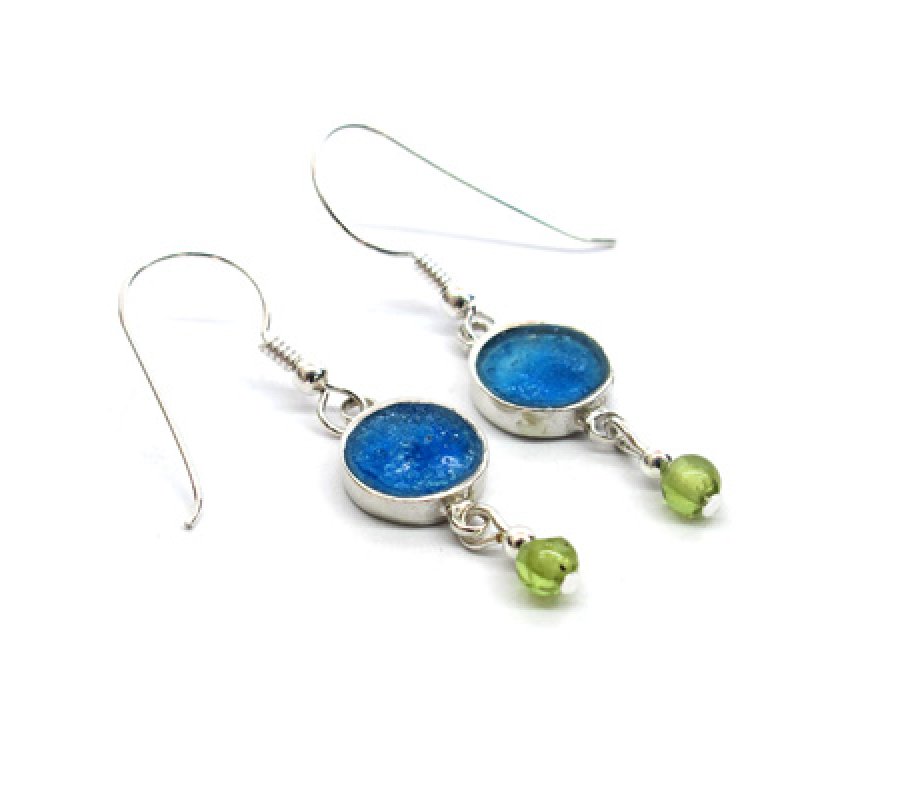 Michal Kirat Sterling Silver Dangle Earrings with Roman Glass and Peridot Beads