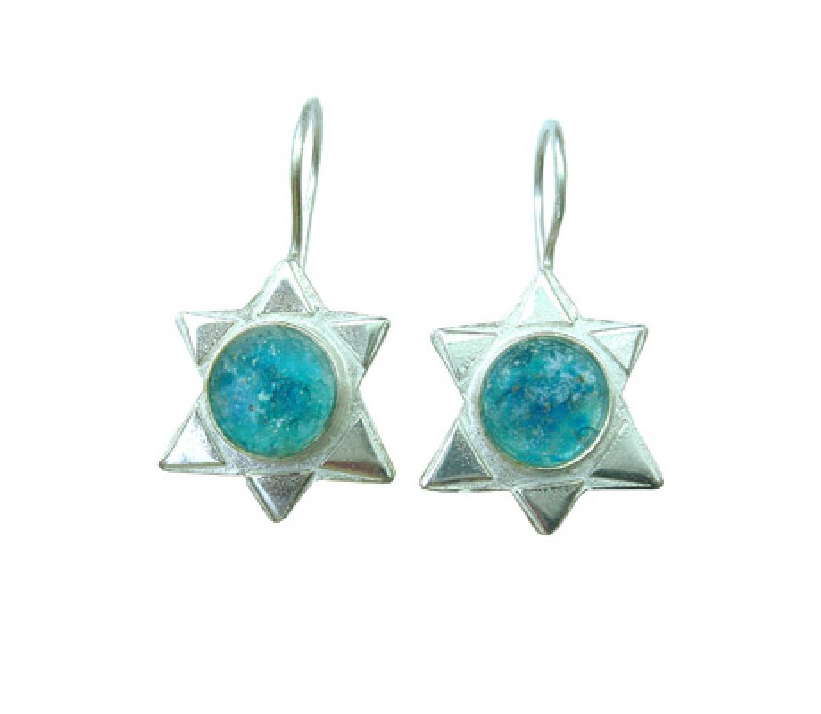 Michal Kirat Sterling Silver Drop Earrings, Star of David with Roman Glass Center
