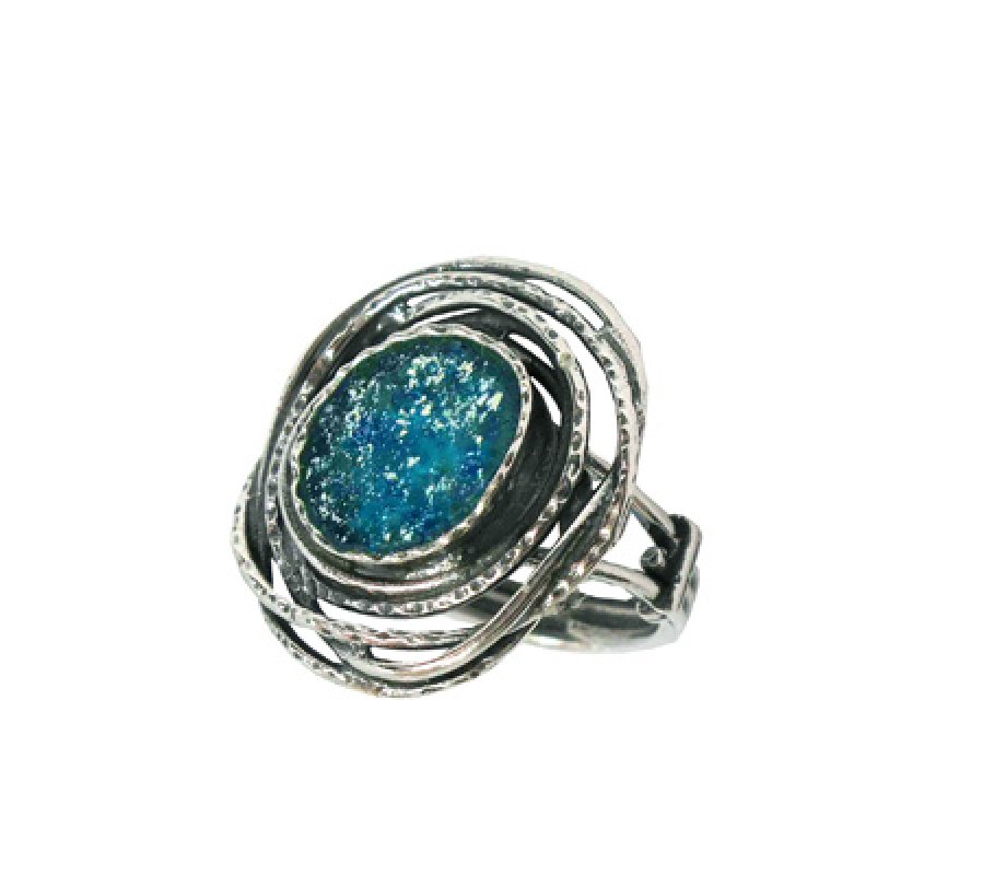 Michal Kirat Sterling Silver Ring with Roman Glass Shard in Center of Nest Image