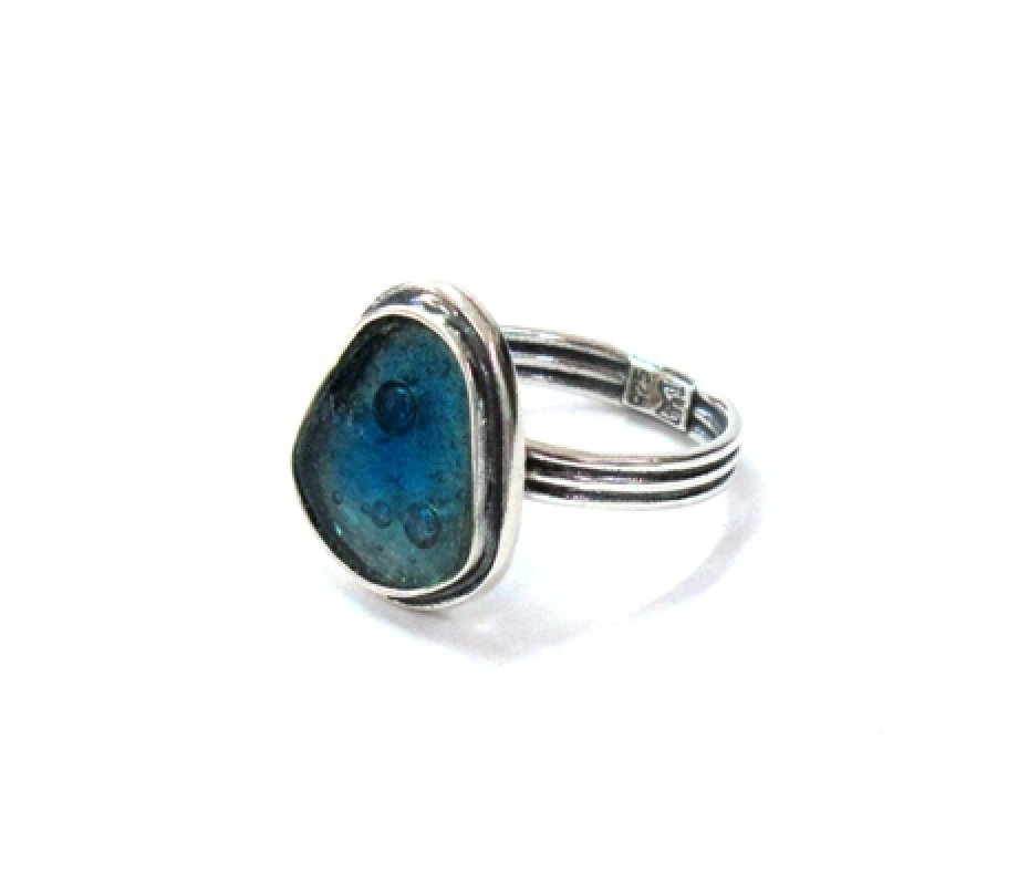 Michal Kirat Sterling Silver Ring with Shield Shape Roman Glass - Adjustable Band