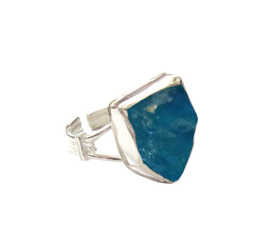 Michal Kirat Sterling Silver Ring with Shield Shaped Roman Glass - Adjustable