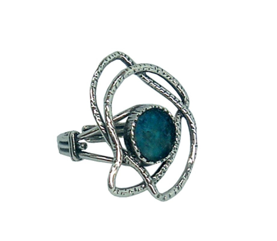 Michal Kirat Sterling Silver Ring with Small Roman Glass and Flying Bird Image