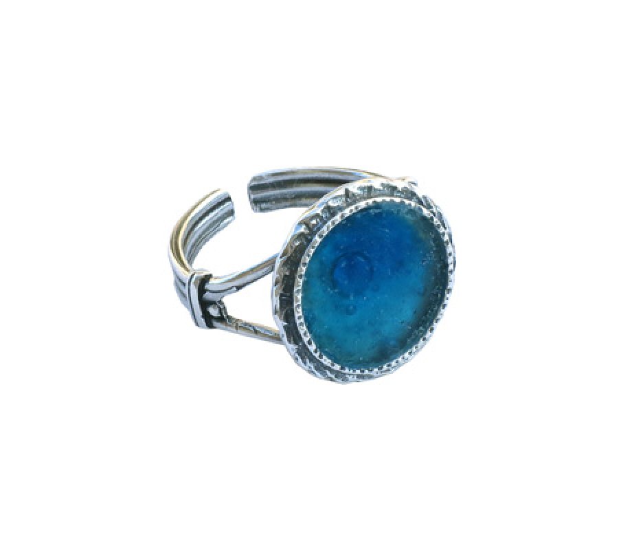 Michal Kirat Sterling Silver Textured Ring, Roman Glass Center - Adjustable Band