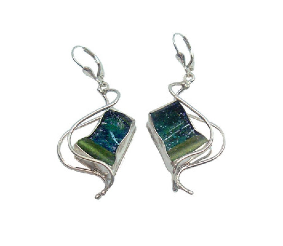 Michal Kirat, Sterling Silver and Roman Glass Handmade Dangle Earrings – Waves