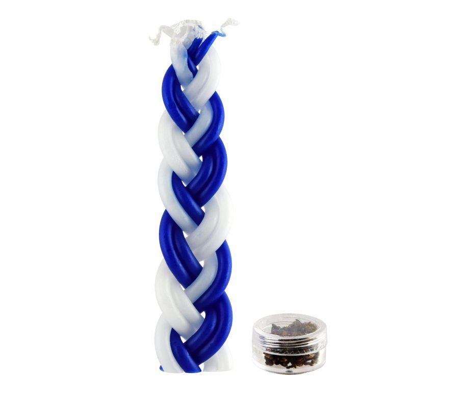 Mini Two in One, Braided Blue and White Havdalah Candle with Small Spice Box