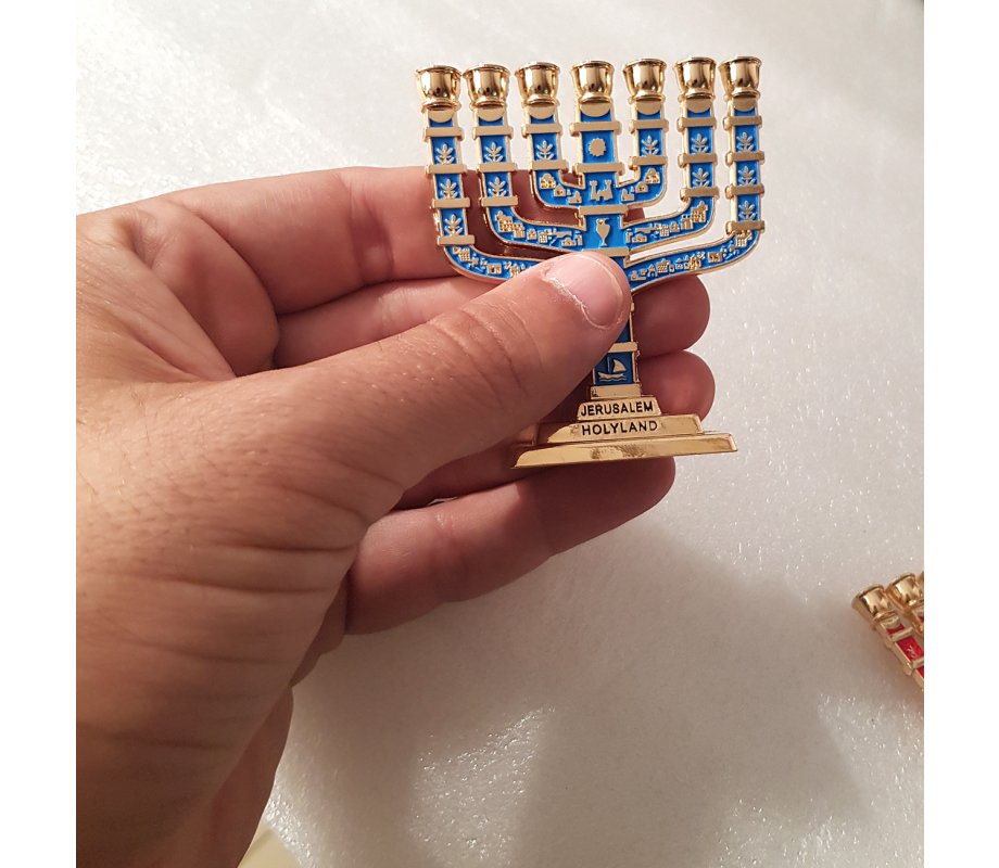 Miniature 7 Branch Menorah with Judaic Symbols, Blue on Gold - 2.7 Inches Height
