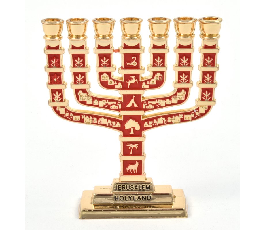 Miniature 7 Branch Menorah with Judaic Symbols, Red and Gold - 2.7 Height