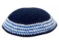 Navy Blue Knitted Kippah with White and Light Blue Border Stripes