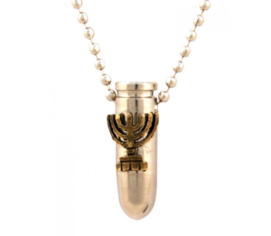 Necklace, Bronze Israeli Army Bullet Metal Pendant - Menorah Image