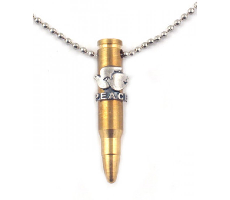 Necklace, Bronze Israeli Army M-16 Rifle Bullet Pendant - White Doves of Peace