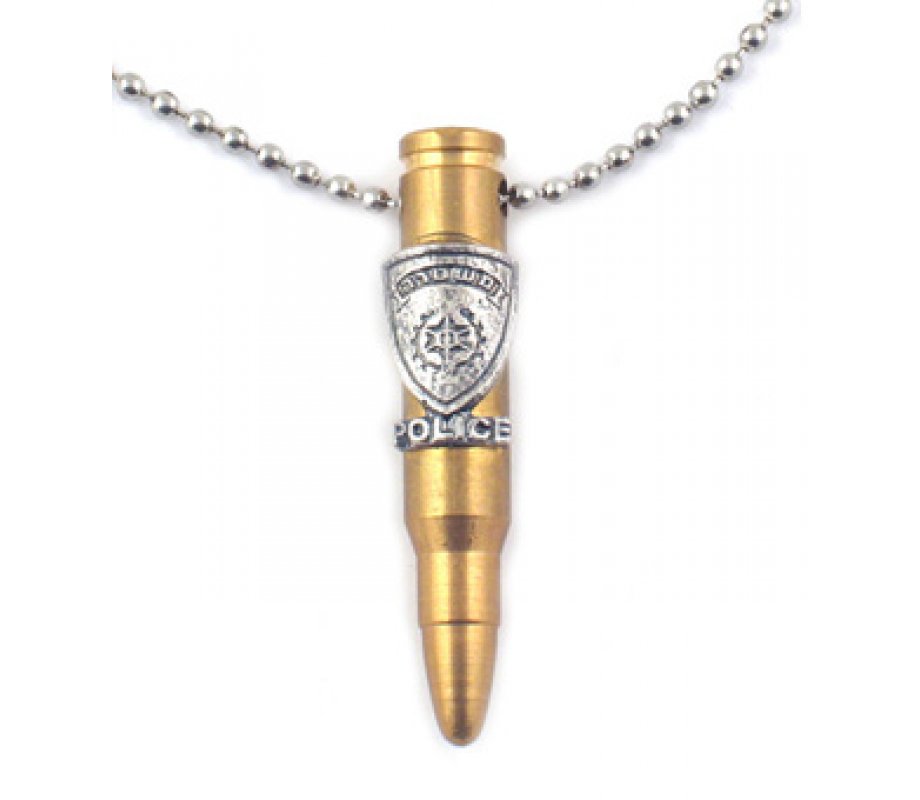Necklace, Bronze M-16 Rifle Bullet Pendant and Israeli Police Emblem - Ball Chain