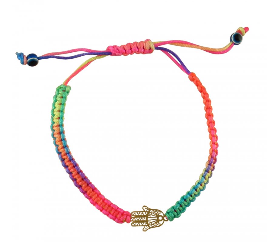 Neon Multicolor Braided Cord Bracelet - Gold Hamsa