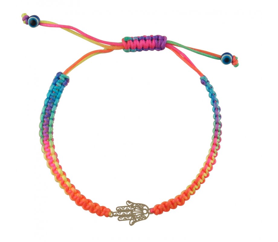 Neon Multicolor Braided Cord Bracelet - Silver Hamsa