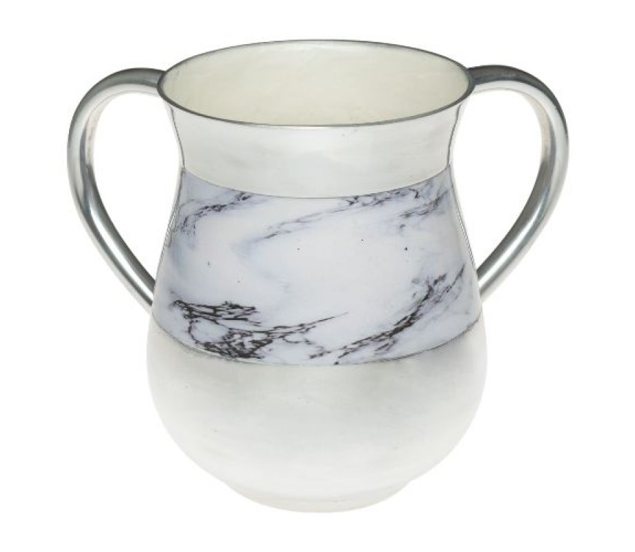 Netilat Yadayim Wash Cup, Aluminum - White Marble Design