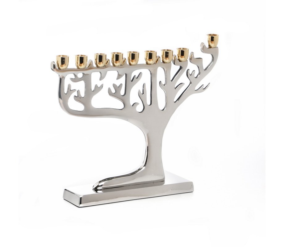 Nickel Plated Chanukah Menorah with Gold Color Cups, Tree Design – 7