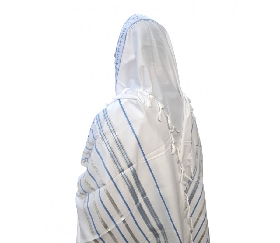 Noam Acrylic Tallit Prayer Shawl – Light Blue and Silver Stripes