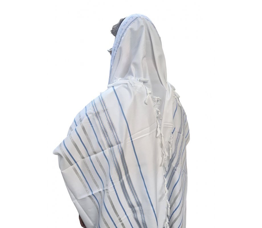 Noam Acrylic Tallit Prayer Shawl – Light Blue and Silver Stripes