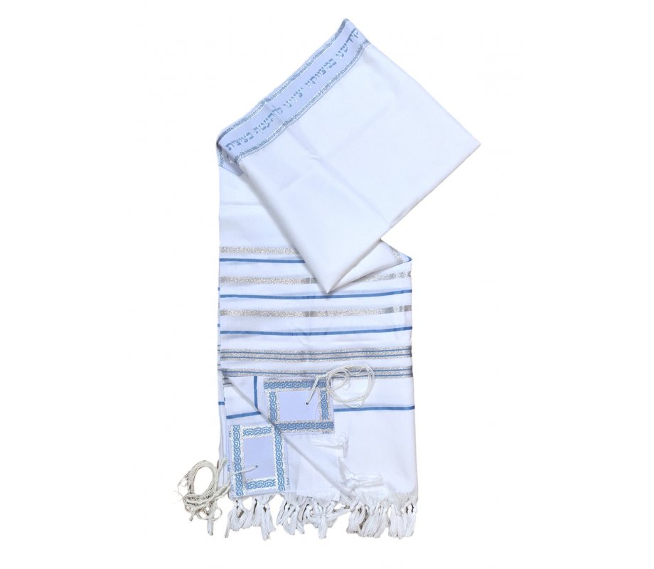 Noam Acrylic Tallit Prayer Shawl – Light Blue and Silver Stripes