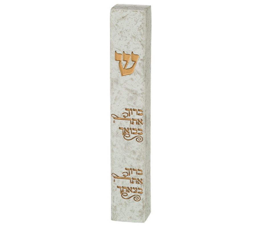 Off White Polyresin Mezuzah Case, Arrival & Departure Blessing - Gold Shin