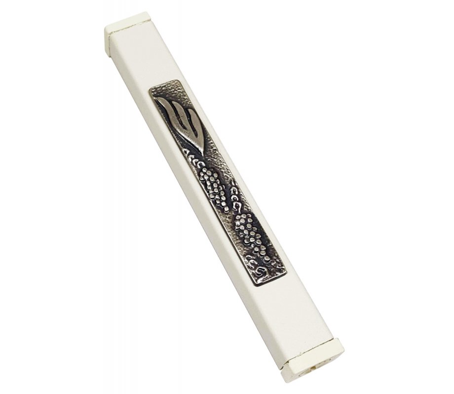 Off-White Aluminum Mezuzah Case Ornate Metal Shin - Grape Clusters