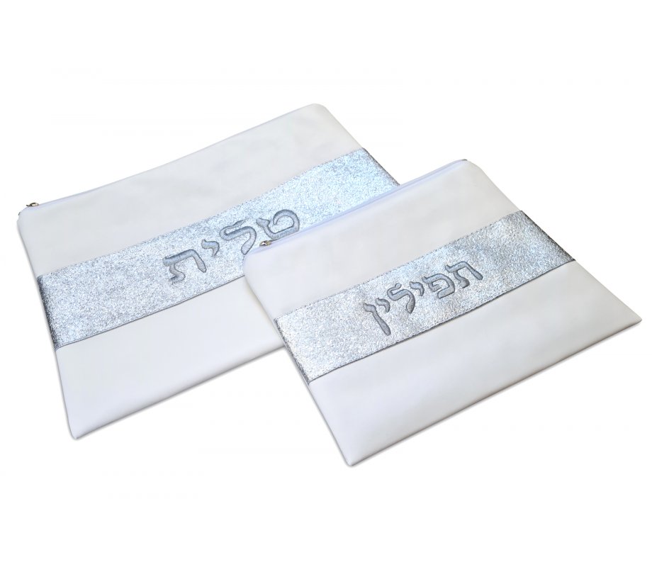 Off-White Faux Leather Tallit and Tefillin Bag – Glittering Silver Embroidery