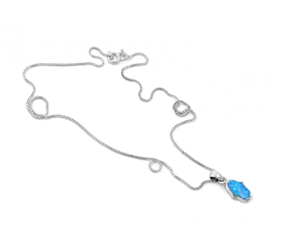 Opal Hamsa Necklace Light Blue Pendant in 925 Sterling Silver