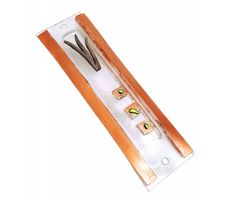 Opaque Glass Mezuzah Case Decorative Elements Pewter Shin - Orange