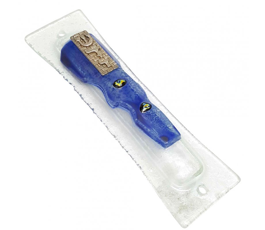 Opaque Glass Mezuzah Case Decorative Western Wall Shin, Daled Yud - Blue