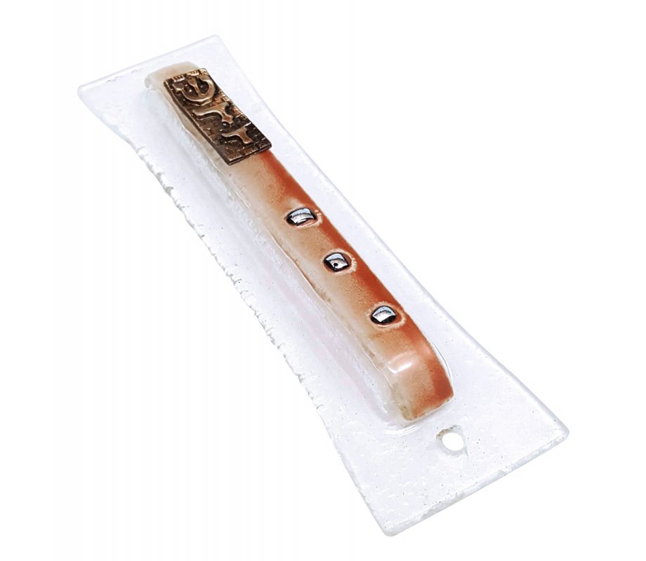 Opaque Glass Mezuzah Case, Western Wall, Shin Daled Yud - Brown