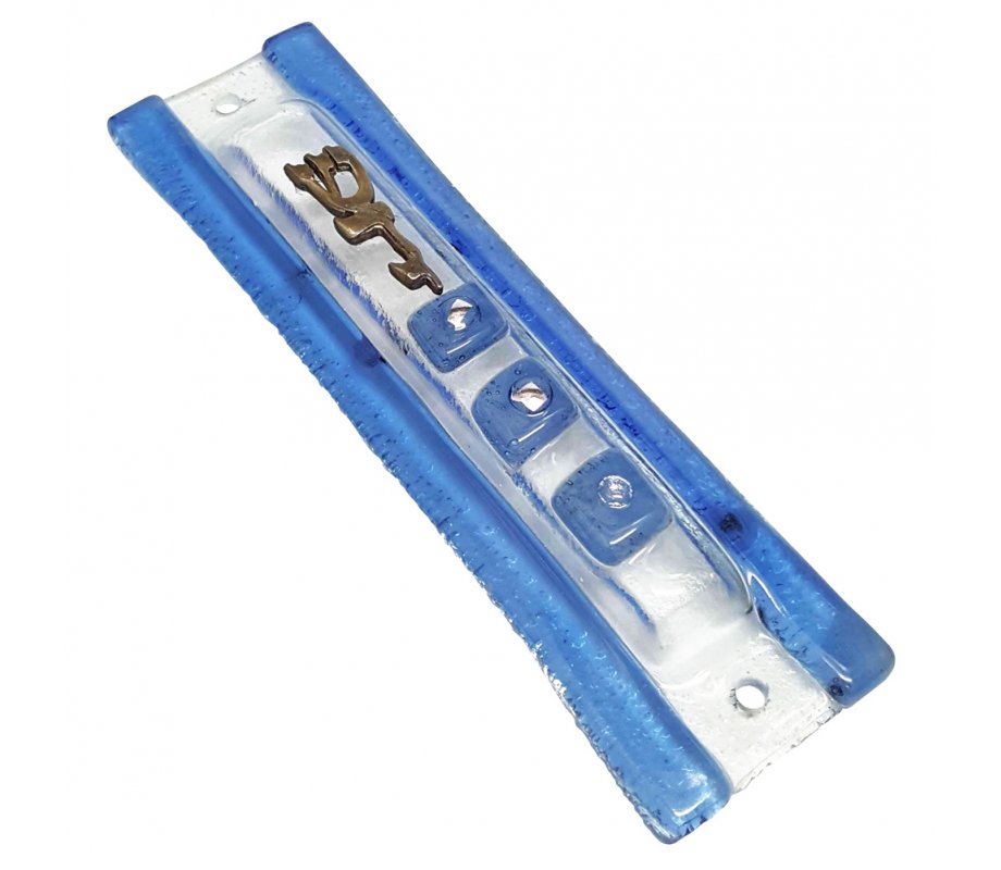 Opaque Glass Mezuzah Case with Blue Frame - Decorative Shin Daled Yud