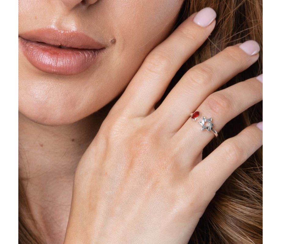 Open Sterling Silver Ring, Red Pomegranate and Star of David with Shema Yisrael