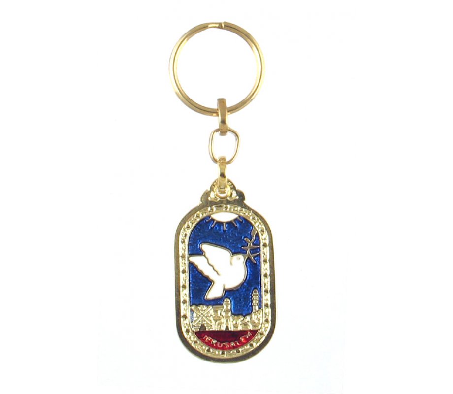 Oval Gold Frame Keychain - White Dove and Jerusalem Image
