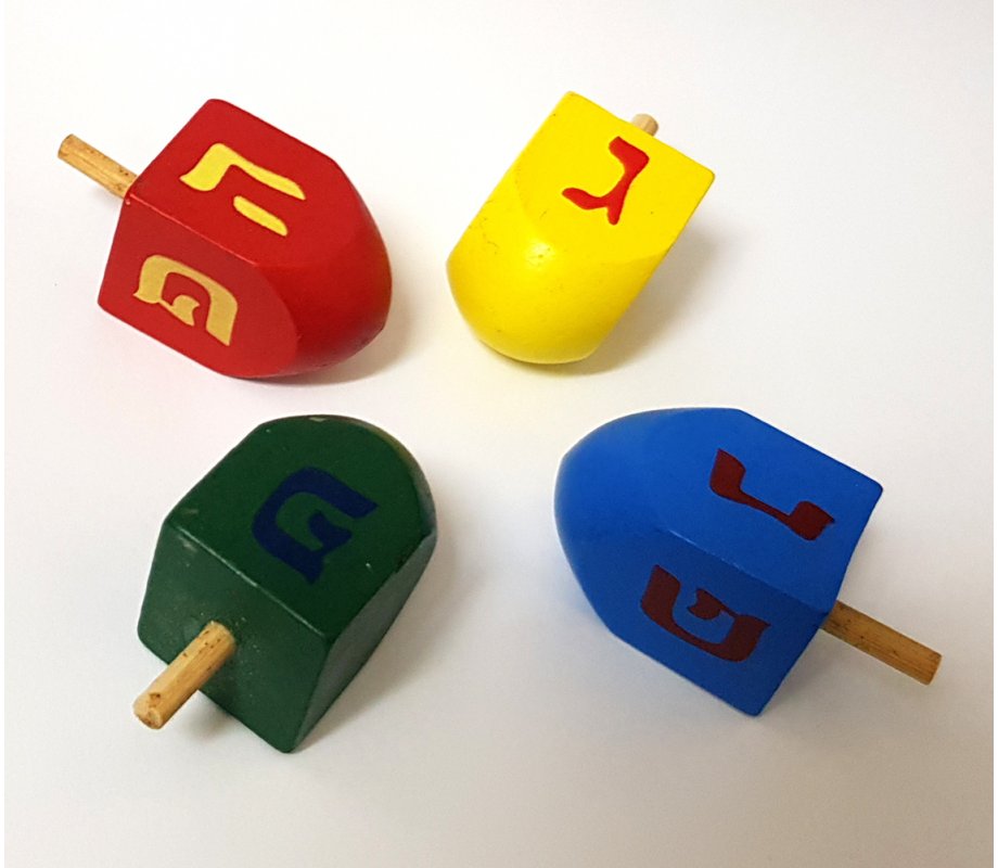 Package of Four Colorful Wood Dreidels with letters